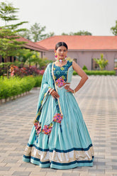 Navratri Wear Sky Blue Gamthi Work Lehenga Choli